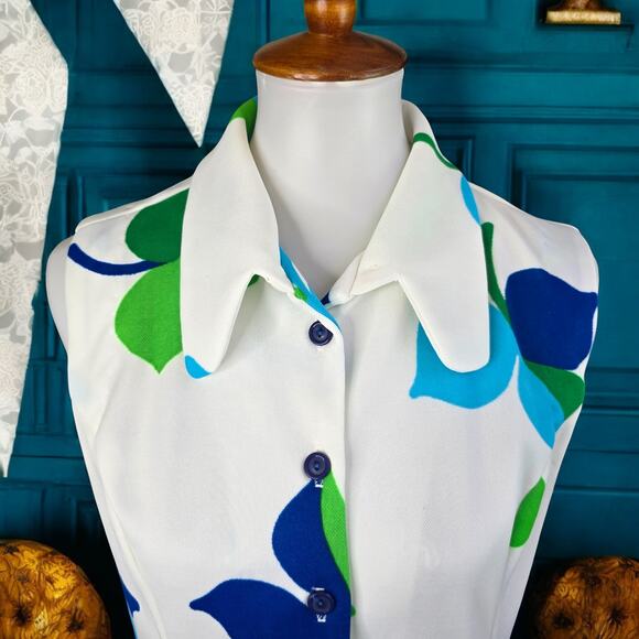 60s Mod Retro Collared Dress Blue Green Turquoise Vintage House Wife Size 18 - Picture 5 of 15